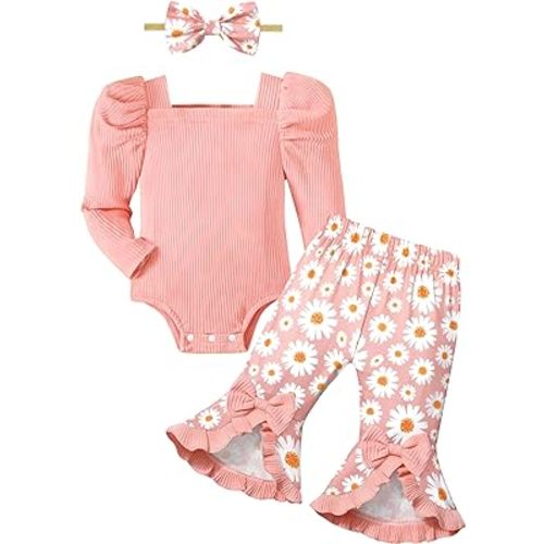 Von kilizo Baby Girl Clothes Floral Baby Clothes for Girls Puff Long Sleeves Ribbed Romper Flare Pant Sets Baby Girl Outfits