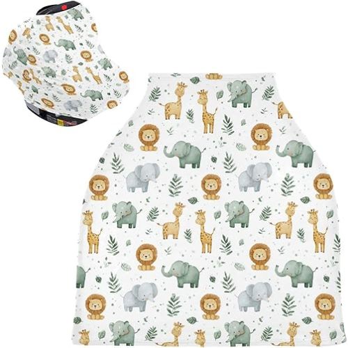 Car Seat Covers for Babies Cute Safari Animals Print Breastfeeding Cover Stretchy Soft Multi Use Stroller Carseat Canopy Cover