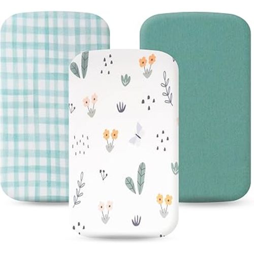 Bassinet Sheets 21" x 35" Compatible with Ezebaby, Evolur Stellar, Amke and Mereryi Baby Bassinet, 100% Jersey Cotton Super Soft and Breathable Bassinet Fitted Sheets for Baby, 3 Pack