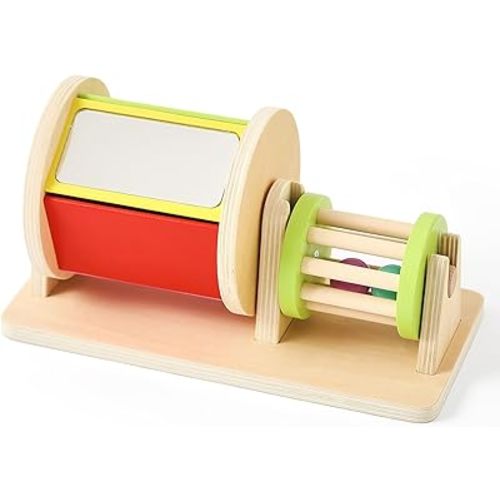 IEATFO 2-in-1 Montessori Baby Toys | Wooden Spinning Drum & Rolling Rattle Combo for 3 6 12 Months | Sensory Development Toys with Mirror, Bells & Tummy Time Play | ASTM Certified Gift (Girl/Boy)