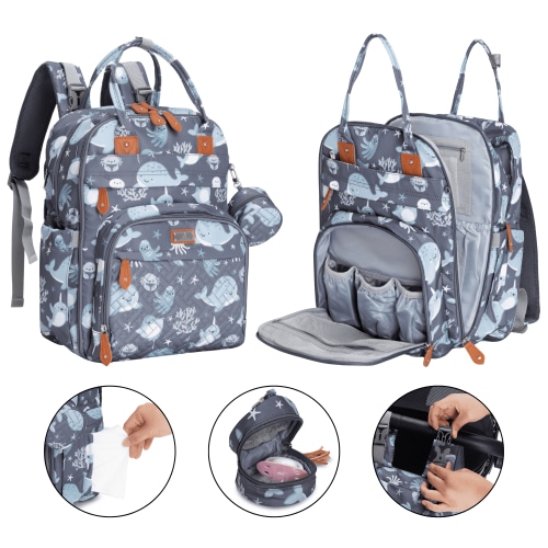 BabbleRoo Diaper Bag Backpack, Waterproof Travel Bag with Changing Pad, Original Baby Bag, Sea Animal