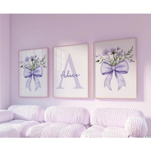 Purple Bow Prints, Floral Nursery Decor, Girl Nursery Wall Art, Purple Nursery Decor, Wildflower Nursery, Lilac, Baby Shower Gifts 441E