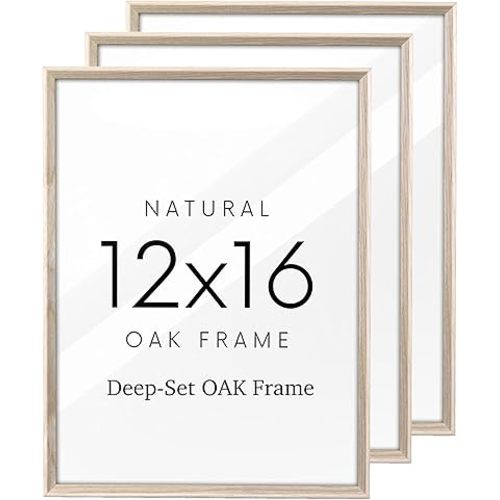 UPWOIGH 12x16 Oak Wood Picture Frame - 12x16 Large Minimalist Poster Frame, 45-Degree Flat Frame, Natural Beige Deep-Set 12"x16" Wooden Frame for Wall Art, Photos, and Prints (Set of 3)