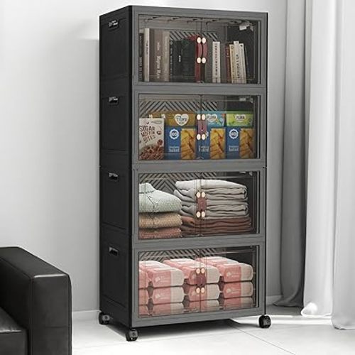 Extra Large Stackable Storage Bins, Lockable Storage Bins with Lids, Folding Storage box with Doors and Wheels, Collapsible Plastic Drawers for Home, Garage, Office (4, Black, Medium)