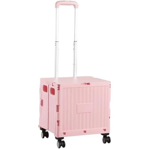 Foldable Utility Cart, Portable Rolling Crate with 360° Rotating Wheels, Detachable Lid,Telescoping Handle, Collapsible Trolley for Travel, Office, Grocery, and Storage (Pink)