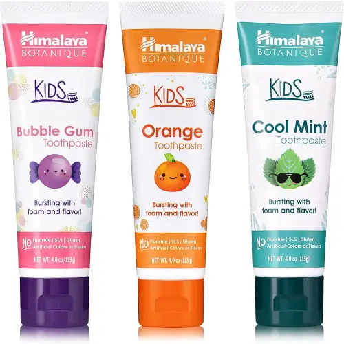 Himalaya Botanique Kids Toothpaste, Herbal, Cool Mint, Bubble Gum and Orange Flavor, Fights Plaque, Fluoride Free, No Artificial Flavors or Colors, SLS Free, Gluten Free, Vegan, 4 Oz, Variety 3 Pack…