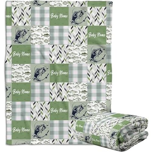 Fishing Baby Blanket, Personalized Baby Blankets for Boys, Fish Baby Blanket Name, Custom Baby Blankets Name for Girls, Fishing Swaddle Blanket, Plush Blankets for Baby Boy Son Daughter Newborn