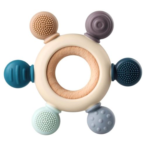Baby Teething Toys, Silicone Chewable Teethers with Wooden Ring for Soothing Babies Gums, Rudder Chewers Shower Gift for lnfants & Toddlers, 3+ Months (6 Directions, Gray)