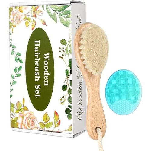 Wooden Soft Goat Bristles Brush with Baby Silicone Hair Scrubber Cradle Cap Brush for Newborns, Toddlers, Infant, Baby Hair Care Kit (Green)