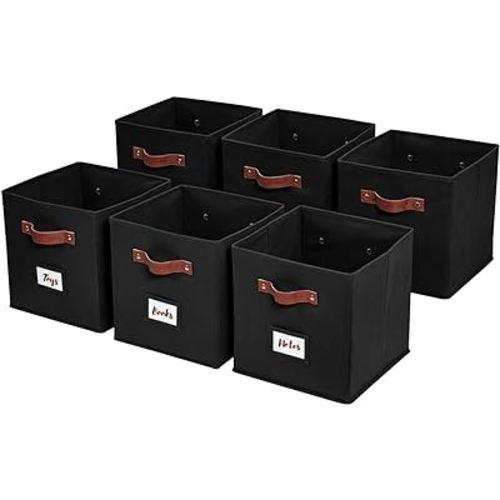DECOMOMO Storage Bins | Cube Storage Bin with Label Holders, Fabric Storage Cubes for Organizing Shelves Closet Toy Clothes (10.5" x 11" / 6pcs, Black)