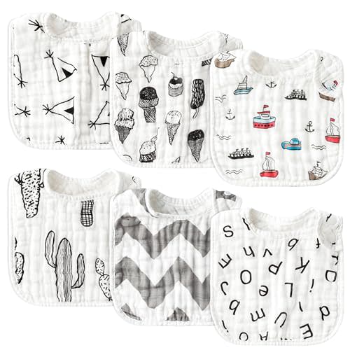 Zainpe 6Pcs Snap Muslin Cotton Baby Bibs Summer Ice Cream Pattern Infants Drooling Bib Soft Absorbent Adjustable Burp Cloths Feeding Bibs for Newborns Girls Boys Toddlers Teething Eating 0-36 Months