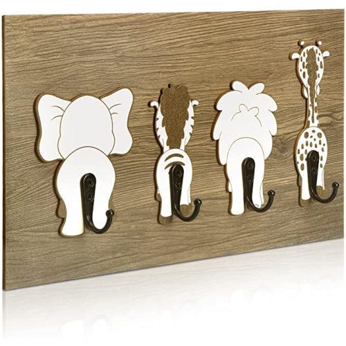 Safari Animal Wall Hooks Animal Nursery Hooks Decor Wooden Kids Coat Wall Mounted Hooks Decorative Elephant Lion Giraffe Zebra Hanger for Nursery Bathroom Bedroom Home Decor