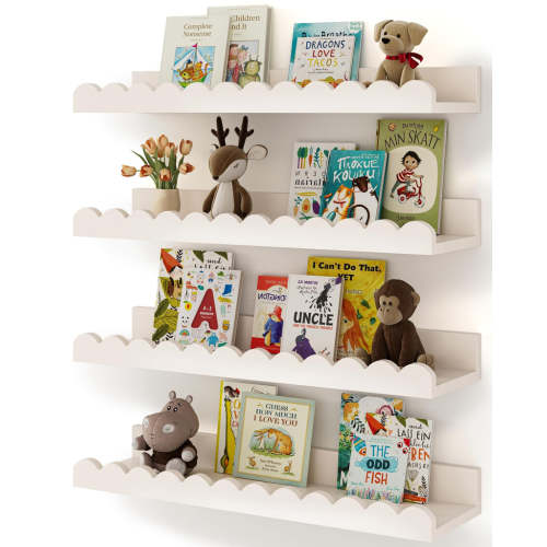 Shario Nursery Book Shelves 4-Pack – White Floating Wall Shelves for Kids