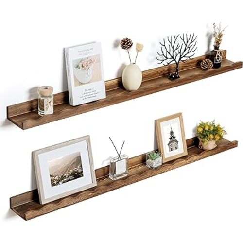 Fun Memories Picture Ledge Shelf for Wall, 48 inch Pine Wood Nursery Book Shelves Set of 2- Wall Book Shelves for Kids Room, Home Decor - Kitchen Spice-Carbonized