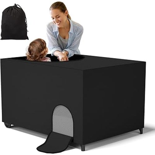 Crib Blackout Cover for Pack N Play, Portable Travel Crib Canopy Cover with Storage Bag, Stretchy Breathable Playard Netting Cover for Indoor Outdoor, Blocks 90% Light, Black