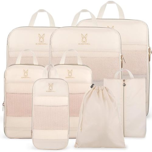 Expandable Compression Packing Cubes for Suitcases,8 Set Lightweight Compressible Travel Packing Organizer for Carry on Suitcase,Organizer Bags Set as Travel Essentials for Women(Beige)