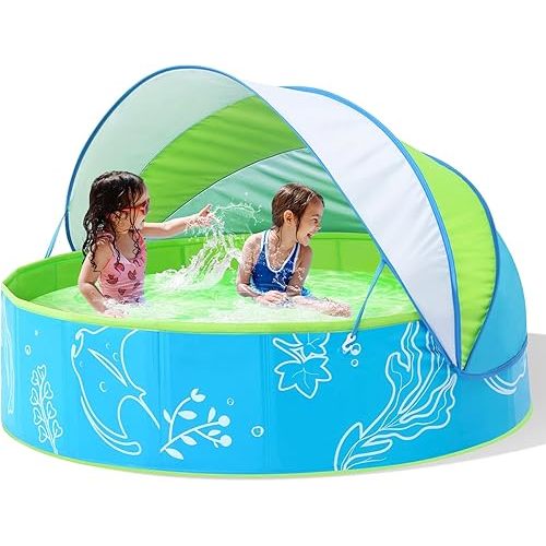 Foldable Kiddie Pool with Canopy: 47in Baby Pool and Beach Tent for Toddlers Infants 6-12 Months and Kids 2-4 Years Old - Portable Water Play with Shade for Outdoor Backyard Beach (Blue-Green)