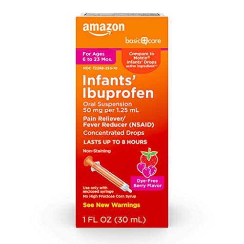 Amazon Basic Care Infants’ Ibuprofen Oral Suspension, 50 mg/1.25 mL, Berry Flavor Concentrated Drops, Dye-Free, 1 fl oz (Pack of 1)