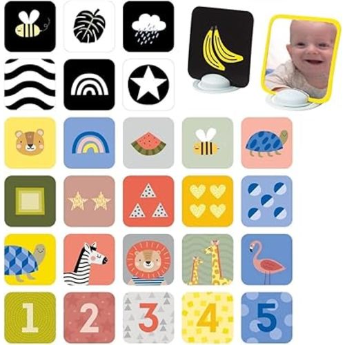 Taf Toys High Contrast Baby Flash Cards & Baby Safe Mirror for Tummy time | Black White Colorful Visual Stimulation for Babies Age 0-36 Months | 5.5'' x 5.5'' Educational Newborn Infants Toys Gift