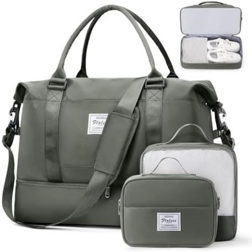 Weekender Bags for Women, Travel Duffel Bags with Shoe Compartment & Wet Pocket,Personal Item Travel Bag for Airlines,Carry on Overnight Tote Bag for women,3Pcs Set,Olive Green