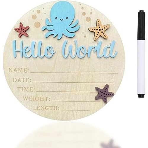 Baby Announcement Sign, 5.9 Inch Hello World Newborn Sign for Hospital, 3D Wooden Ocean Nursery Decor with Octopus & Starfish, Birth Stats Plaque with Marker, Arrival Photography Prop for Boy (Blue)