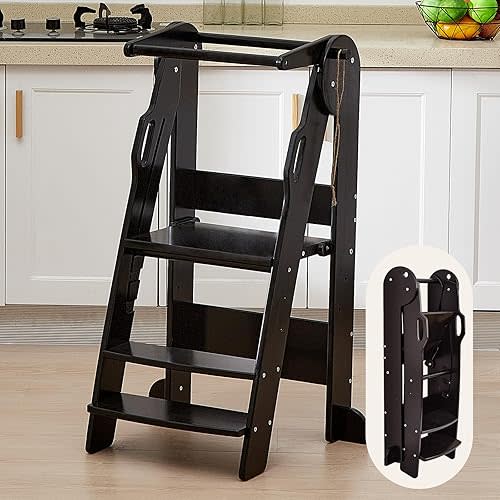 FUNLIO Foldable Kitchen Step Stool, Montessori Step Stool for Kids 2-6 Years, 3-Level Height Adjustable Standing Tower, CPC & CE, Easy to Assemble, Black