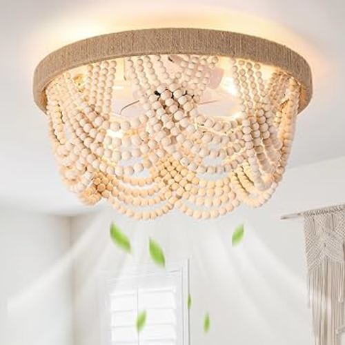 20 Inch Boho Ceiling Fan with Light, Bohemian Wood Beaded Flush Mount Ceiling Fans with Lights and Remote Control,Quiet Reversible 6 Speeds for Bedroom Living Room Nursery Girl's Room