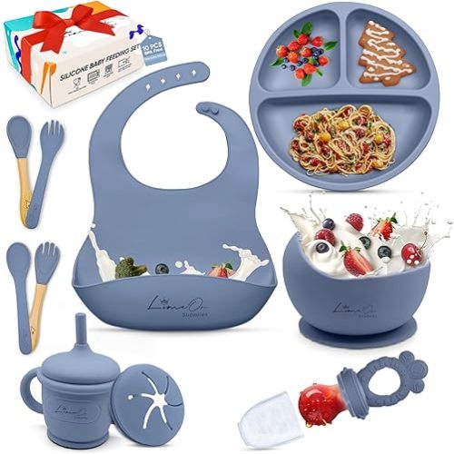 Silicone Baby Feeding Set - BPA-Free - Baby Led Weaning Supplies, Complete Kit toddler eating essentials – Empower Your Little One's Independence with LimOr's baby essentials 6-12 months (Gray)