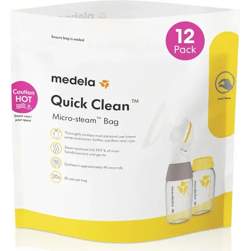 Medela Quick Clean Microwave Sterilizer Bags for Bottles and Breast Pump Parts, Reusable Up to 20 Times Per Bag, Food-Grade Material, Made Without BPA, Pack of 12
