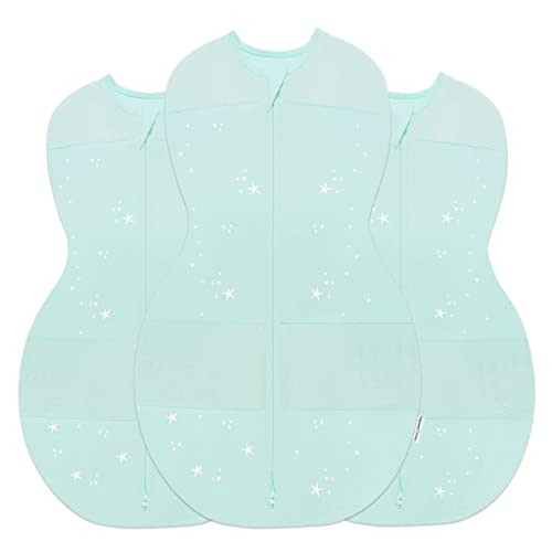 Happiest Baby Sleepea 5-Second Swaddle - 100% Organic Cotton Baby Swaddle Blanket - Doctor Designed Promotes Healthy Hip Development - 3-Pack Bundle (Teal Stars, S, M, L)