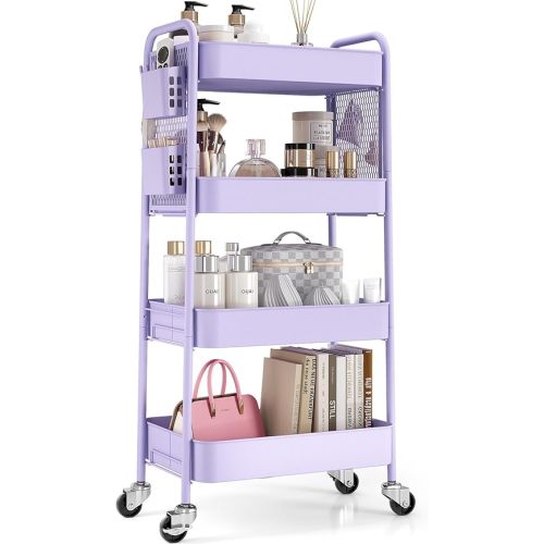 TOOLF Chariot à roulettes à 4 niveaux avec panneau perforé, chariot de rangement en métal avec roues, crochets et bacs, rangement robuste pour salle de bain, cuisine, bureau, chambre d'enfant