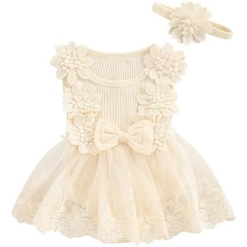 Infant Baby Girl Lace Romper Baby Tulle Dress Romper Flowers Bodysuit Spring Summer Festival Clothes with Headband