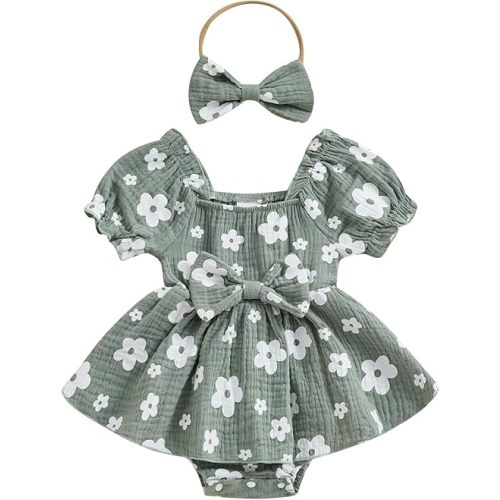 Baby Girls Daisy Romper Bowknot Bodysuit+Headband Short Sleeve Playsuits Floral Jumpsuit Infant Summer Clothes