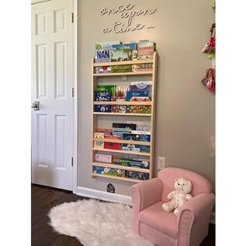 Handmade Solidwood Wall Mounted Montessori Kids Bookshelf, 4 tier Book Display for Children Bedroom, Nursery Furniture Bookcase, Solid Wood Pine Tree Book Organiser for Living Room (Natural)