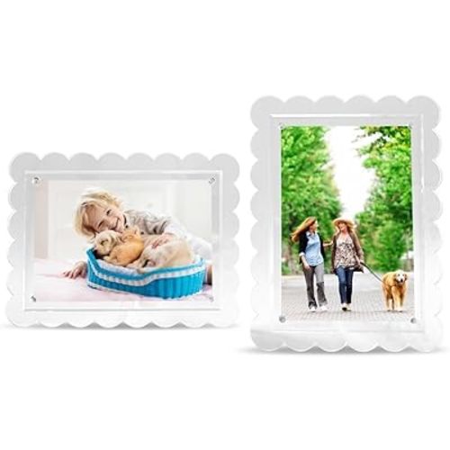 2 Pack of 5 x 7 Clear Acrylic Scalloped Picture Frames, Magnetic Acrylic Closure with Dual Kickstand Holes for Vertical and Horizontal Display