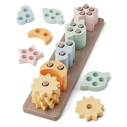 GOPO TOYS Montessori Toys for 18+ Months Old - Toddlers Wooden Sorting and Stacking Toys for Baby Boys and Girls - Shape Sorter and Color Stacker Preschool Kids Wood Gifts