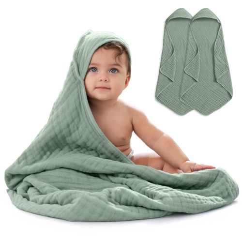 Baby Hooded Muslin Cotton Towel For Kids By Comfy Cubs, Sand, 2 Pack