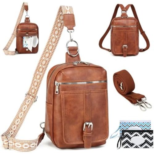 Sling Bag Crossbody Backpack Purse - 2 in 1 Leather Cross Body Bag Fanny Pack with 2 Removable Strap Large Chest Shoulder Bag