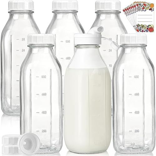 Liter Glass Milk Bottles w 100% Airtight Heavy Duty Screw Lid - 6 Pack 32 Oz Drinking Jars - Food Grade Glass Bottles for Milk, Honey, Jam - Dishwasher Safe(Extra 2 Lids and Stickers Included)