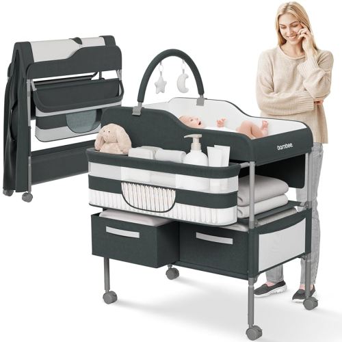 Portable Baby Changing Table with Wheels - Modern Dresser Changing Tables w/Hanging Toys, Laundry Bag, Changing Table Organizer Boxes - Folding Waterproof Baby Diaper (Dark Grey)