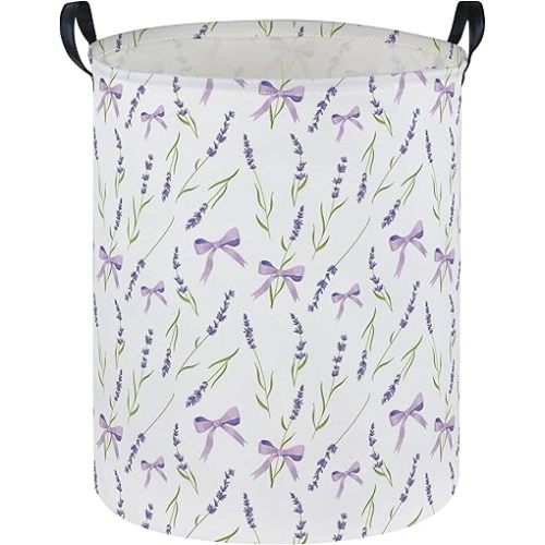 Girls Laundry Basket Flower Hamper for Nursery Bowkont Hamper Cute Kids Storage Bin Organizer Room Decor for Home(Purple flowers)