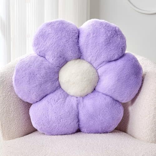 Kcvvcr Lavender Flower Pillow, Cute Decorative Flower Shaped Throw Pillow with Faux Rabbit Fur, 14.9" Soft Flower Plush Throw Pillow Floor Pillows Room Décor for Bedroom Living Room
