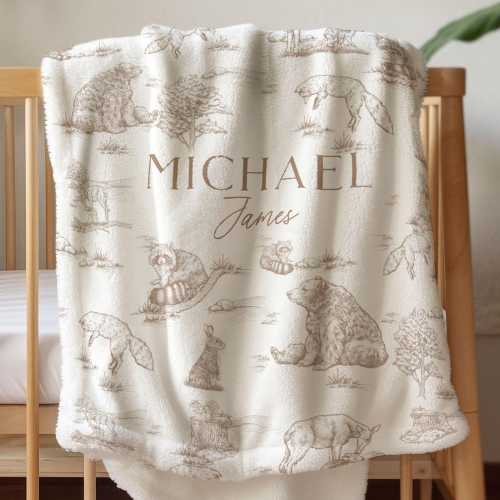 Woodland Toile Baby Blanket Personalized Baby Shower Gift Woodland Nursery Decor Woodland Animal Blanket Name Custom Coming Home Blanket Boy