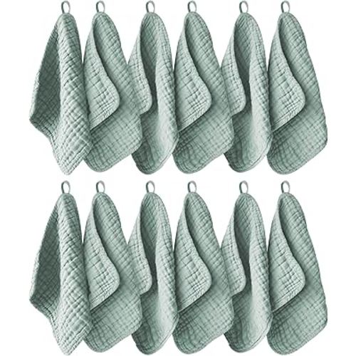 12 Pack Muslin Washcloths for Baby - 100% Cotton Baby Wash Cloths for or Baby Face Body Comfy and Soft for Newborn Infants Kids Girls and Boys - 12"x12" - Green