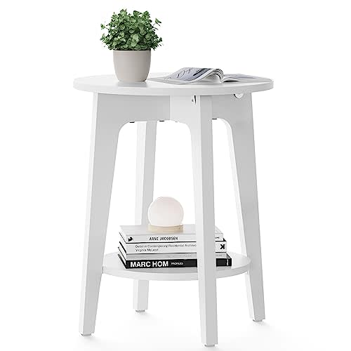 VASAGLE Side Table, Small Round End Table with Lower Shelf, Nightstand for Small Spaces, Living Room, Bedroom, White ULET283T14