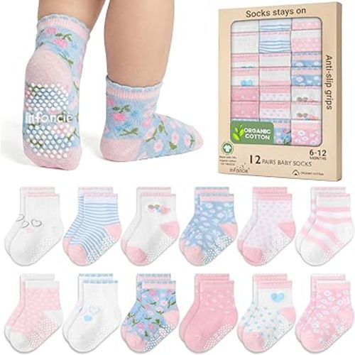 GOTS Certified Organic Cotton Rich Blend Baby Socks 12 Pairs For 6-12 (M) Baby Girl Soft, Stretchable & Comfortable Socks For Newborn, Adorable Sock Girls, Gift For Infant, Pink
