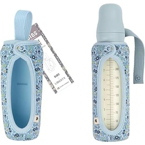 BIBS x Liberty Baby Bottle Cover Large 225ml - Neoprene Protective Cover for BIBS Bottles - Liberty Print Design, Large, Charmomile Lawn Baby Blue
