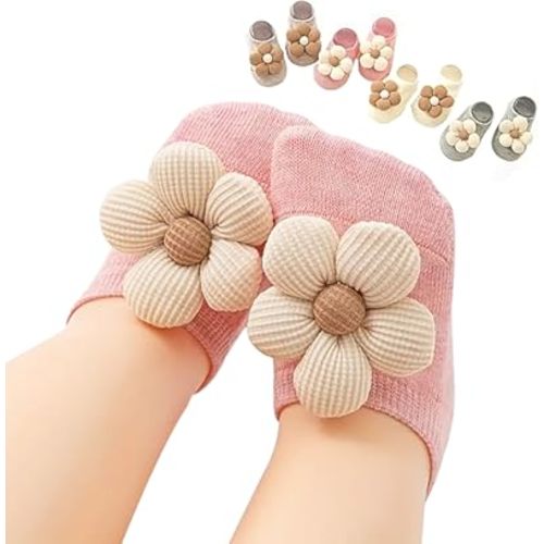 4Packs Baby Girls Socks,Flower Non-Slip Grips for Babies Toddler Princess Low Cut Ankle Socks for Girls