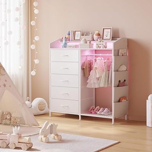 LUMTOK Modern 5 Dresser with LED Hanging Rack, Dresser with Clothes Rack, Hanger Rack, and Storage Drawers, Drawer Dressers with Coat Racks for Bedroom Living Room, Entryway, Closets (White)