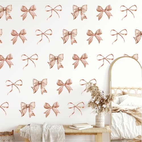 Whaline 12 Sheets Boho Bow Wall Stickers Watercolor Brown Bowknot Wall Decals Room Mural Stickers for Coquette Birthday Party Home Nursery Decor, 7.9 x 11.8 Inch